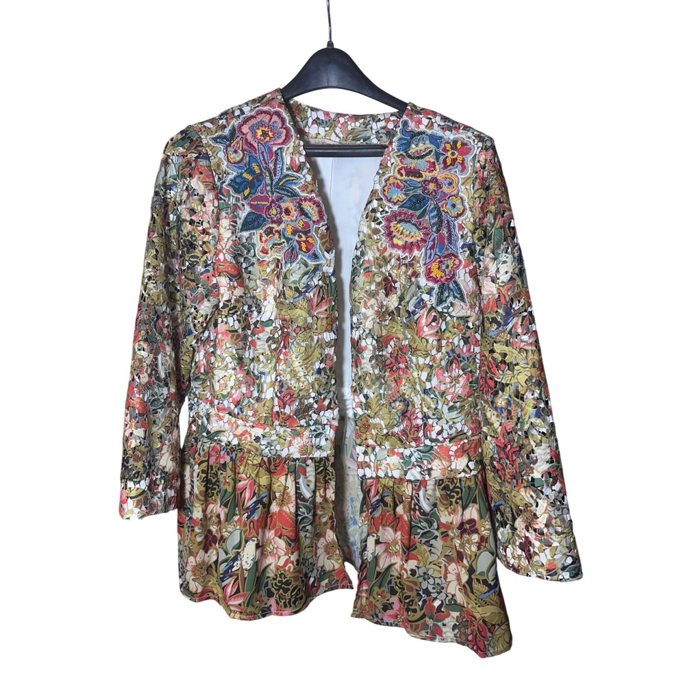Soft Surroundings Floral Lace Beaded Peplum Jacket Open Front Multicolor M 2FC65